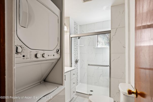 Bathroom, Glass Shower, Interior, Marble Walls, Utility Closets, Washer
