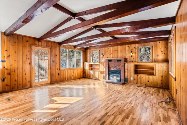 Empty room, Fireplace, Interior, Wooden Beams, Wood Texture Flooring, Wooden Walls