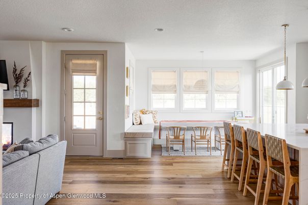 Dining room, Interior, Pendant Lights, Recessed Lighting, Wood Texture Flooring