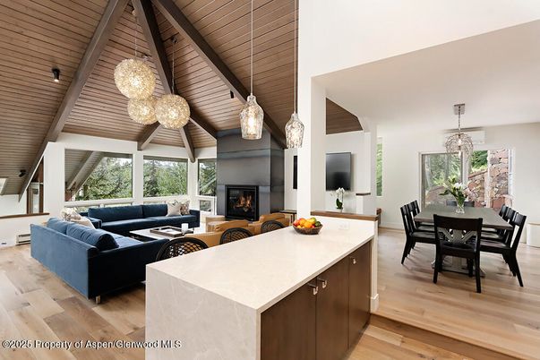 Dining room, Fireplace, Interior, Living room, Pendant Lights, Wooden Ceilings, Wood Texture Flooring