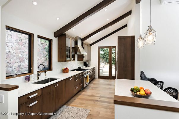 Interior, Kitchen, Pendant Lights, Recessed Lighting, Stainless Steel Appliances, Wooden Beams, Wood Texture Flooring
