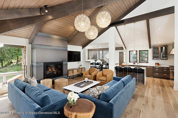 Dining room, Fireplace, Interior, Kitchen, Living room, Pendant Lights, Recessed Lighting, Wooden Beams, Wooden Ceilings, Wood Texture Flooring