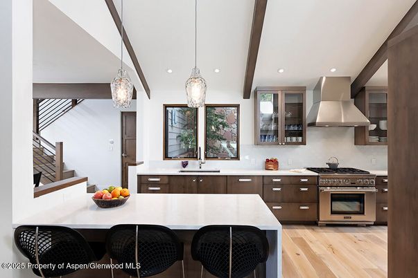 Interior, Kitchen, Pendant Lights, Recessed Lighting, Stainless Steel Appliances, Wooden Beams, Wood Texture Flooring