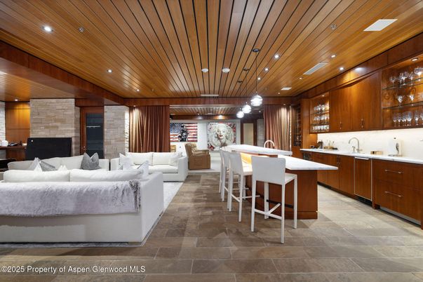Interior, Kitchen, Living room, Pendant Lights, Recessed Lighting, Stone Walls, Wooden Ceilings