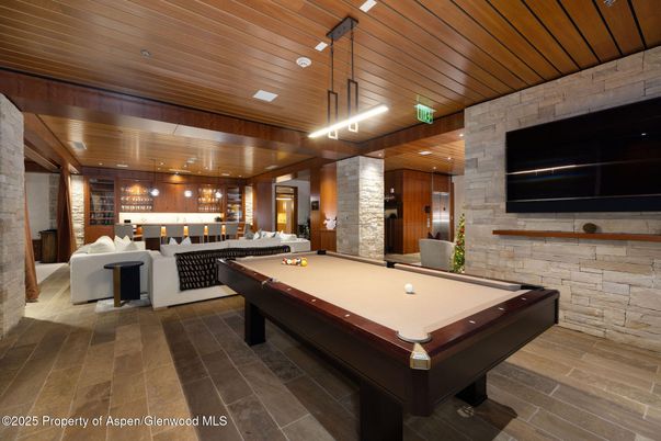 Billiard Table, Game Room, Interior, Pendant Lights, Stone Walls, Wooden Ceilings, Wood Texture Flooring