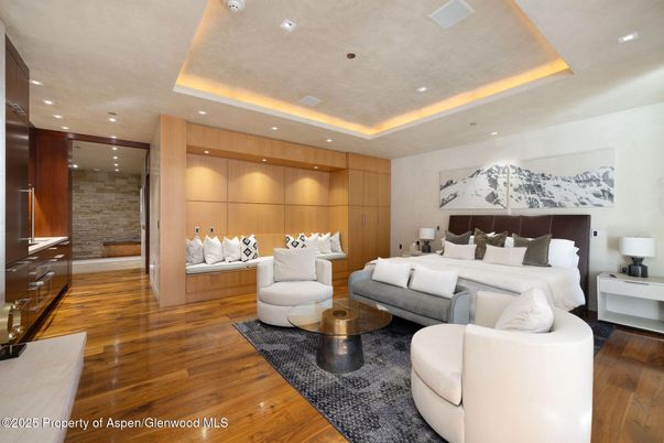 Bedroom, Interior, Recessed Lighting, Stone Walls, Wood Texture Flooring