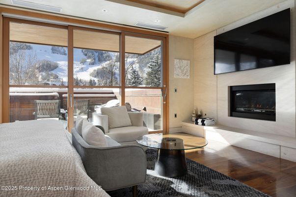 Bedroom, Fireplace, Interior, Living room, Recessed Lighting, Wood Texture Flooring