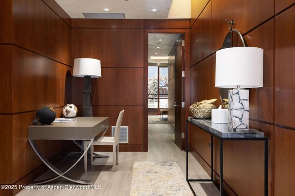 Home Office, Interior, Recessed Lighting, Wood Texture Flooring, Wooden Walls