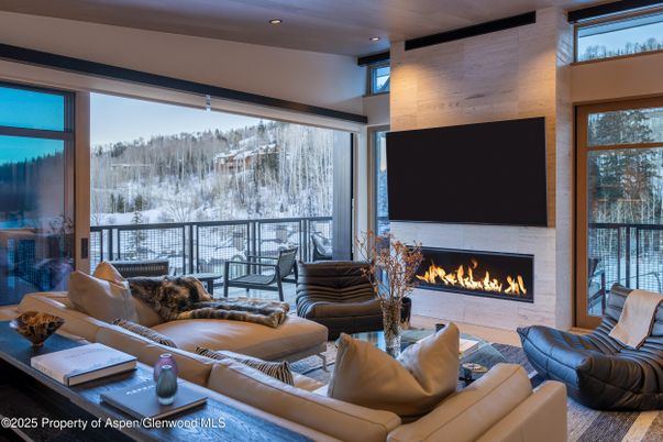 Fireplace, Interior, Living room, Recessed Lighting, Stone Walls