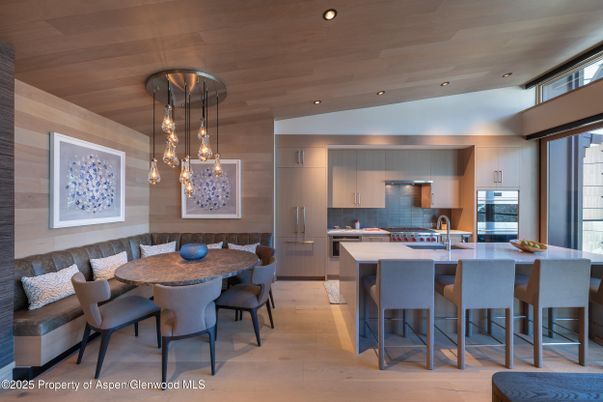 Dining room, Interior, Kitchen, Pendant Lights, Recessed Lighting, Stainless Steel Appliances, Wooden Ceilings, Wood Texture Flooring