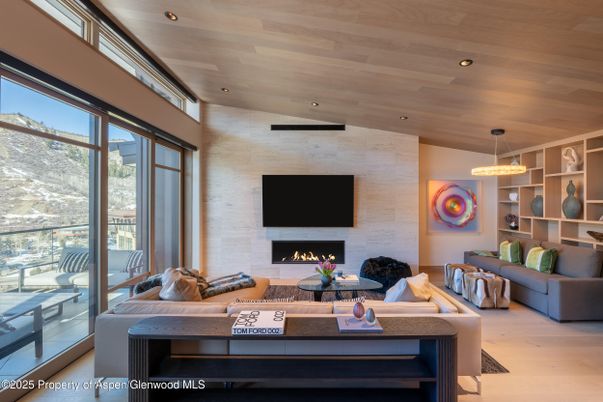 Fireplace, Interior, Living room, Pendant Lights, Recessed Lighting, Stone Walls, Wooden Ceilings, Wood Texture Flooring