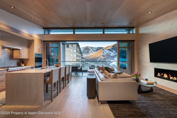 Dining room, Fireplace, Interior, Kitchen, Living room, Recessed Lighting, Wooden Ceilings, Wood Texture Flooring
