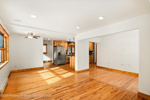 Empty room, Interior, Kitchen, Recessed Lighting, Wood Texture Flooring
