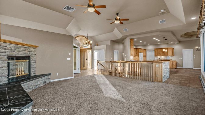 Chandelier, Fireplace, Interior, Kitchen, Pendant Lights, Recessed Lighting