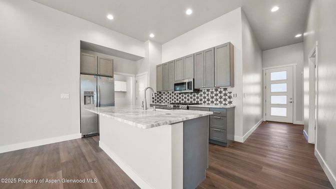 Interior, Kitchen, Recessed Lighting, Stainless Steel Appliances, Wood Texture Flooring