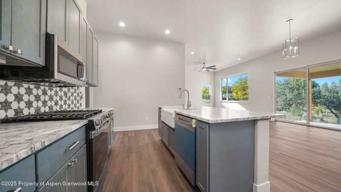 Interior, Kitchen, Pendant Lights, Recessed Lighting, Stainless Steel Appliances, Wood Texture Flooring