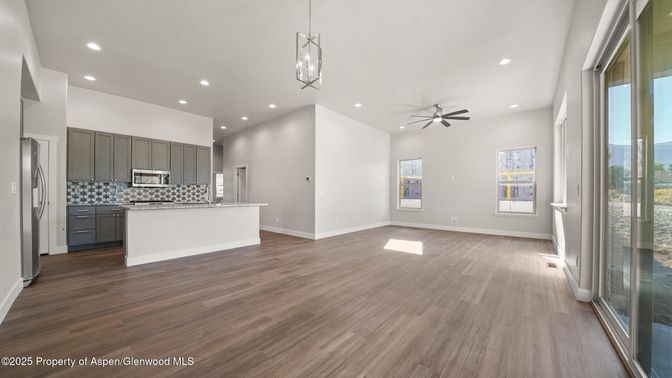 Interior, Kitchen, Pendant Lights, Recessed Lighting, Wood Texture Flooring