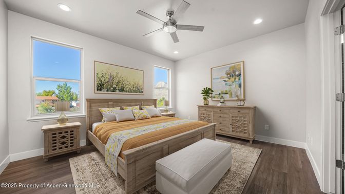 Bedroom, Interior, Recessed Lighting, Wood Texture Flooring