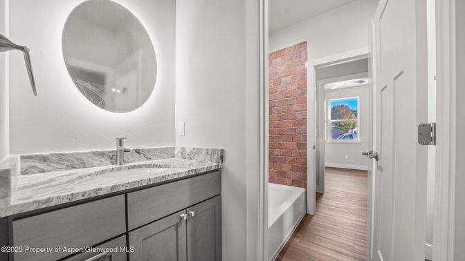 Bathroom, Interior, Stone Walls, Wood Texture Flooring