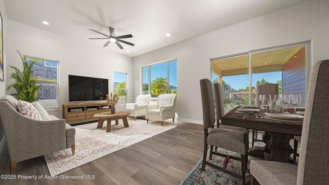 Dining room, Interior, Living room, Recessed Lighting, Wood Texture Flooring