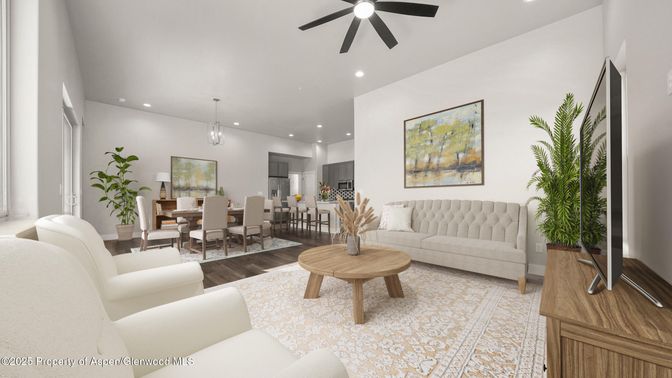Dining room, Interior, Living room, Pendant Lights, Recessed Lighting, Wood Texture Flooring