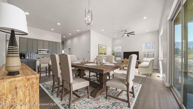 Dining room, Interior, Kitchen, Pendant Lights, Recessed Lighting, Wood Texture Flooring