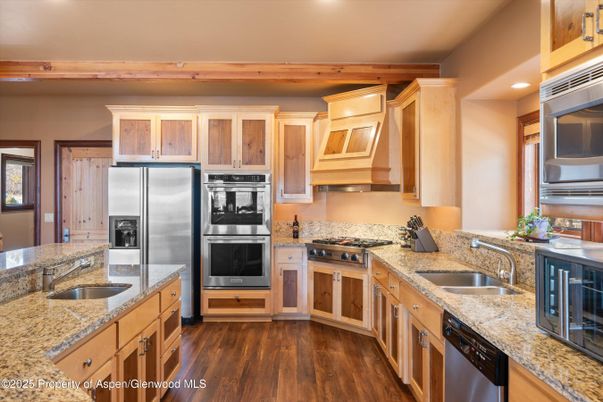 Interior, Kitchen, Recessed Lighting, Stainless Steel Appliances, Wooden Beams, Wood Texture Flooring