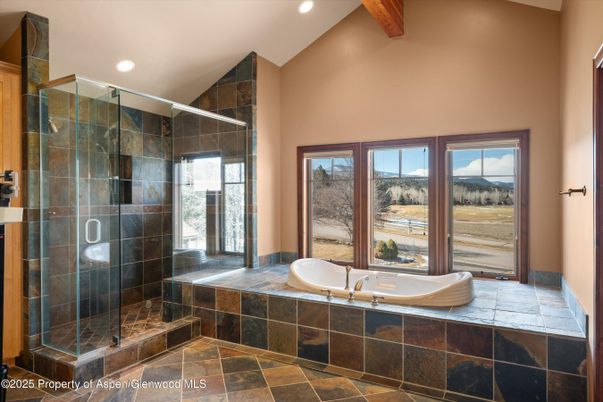 Bathroom, Glass Shower, Interior, Recessed Lighting, Wooden Beams