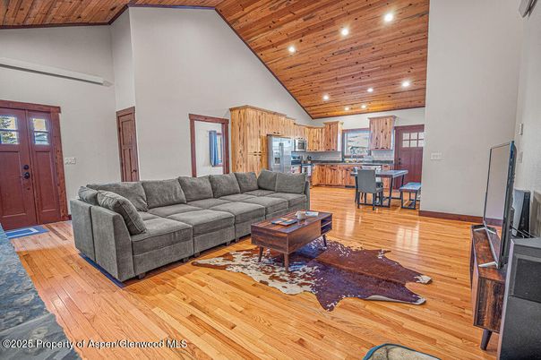 Dining room, Interior, Kitchen, Living room, Recessed Lighting, Wooden Ceilings, Wood Texture Flooring