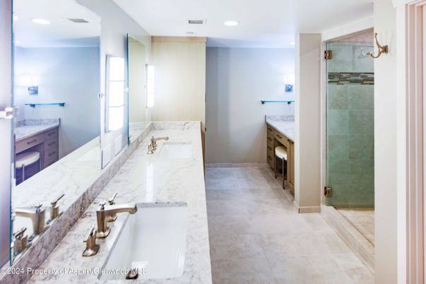 Bathroom, Dual Sink Vanities, Glass Shower, Interior, Recessed Lighting