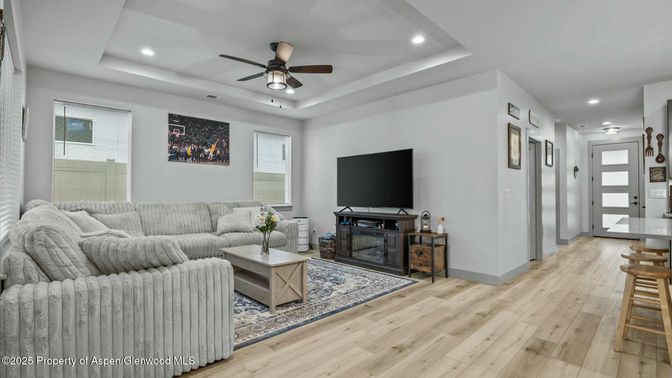 Fireplace, Interior, Living room, Recessed Lighting, Wood Texture Flooring