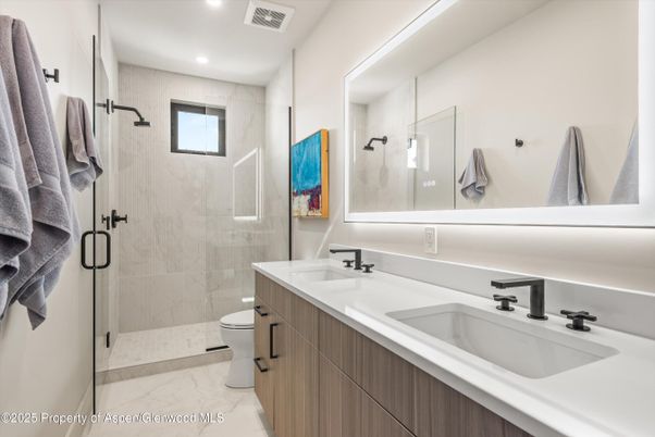Bathroom, Dual Sink Vanities, Glass Shower, Interior, Marble, Recessed Lighting