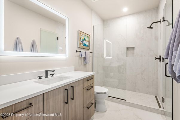 Bathroom, Glass Shower, Interior, Marble, Marble Walls, Recessed Lighting