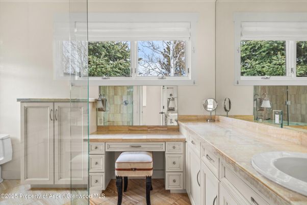 Bathroom, Dual Sink Vanities, Glass Shower, Interior, Wood Texture Flooring