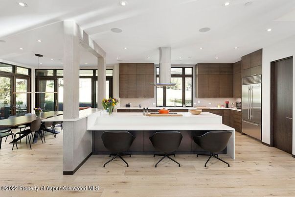 Dining room, Interior, Kitchen, Pendant Lights, Recessed Lighting, Stainless Steel Appliances, Wood Texture Flooring