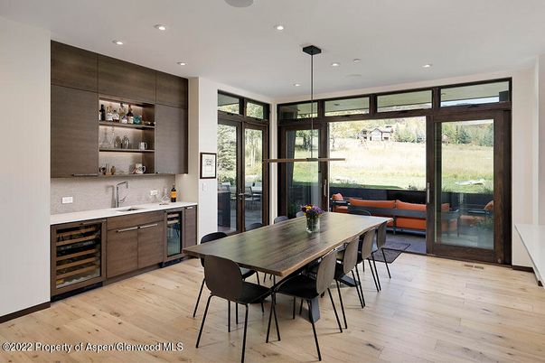 Dining room, Interior, Kitchen, Pendant Lights, Recessed Lighting, Wood Texture Flooring