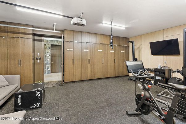 Elevator, Fitness Equipment, Interior, Recessed Lighting, Wooden Walls
