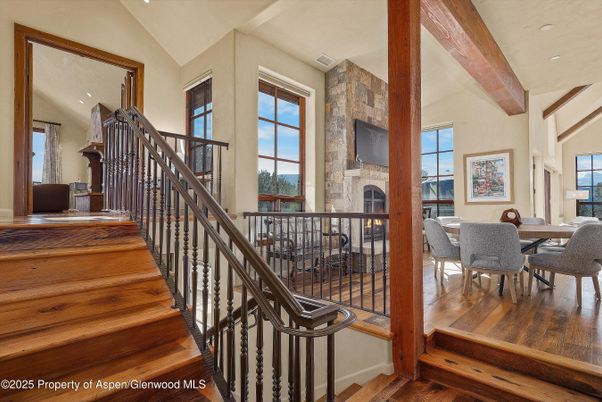 Dining room, Fireplace, Interior, Recessed Lighting, Stone Walls, Wooden Beams, Wood Texture Flooring