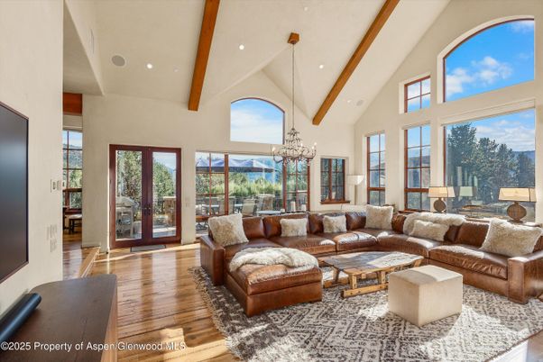 Chandelier, Interior, Living room, Recessed Lighting, Wooden Beams, Wood Texture Flooring