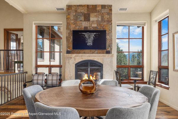 Dining room, Fireplace, Interior, Stone Walls, Wood Texture Flooring