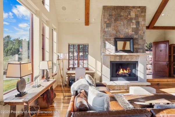 Fireplace, Interior, Living room, Recessed Lighting, Stone Walls, Wooden Beams, Wood Texture Flooring