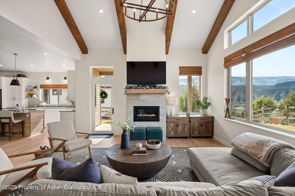 Fireplace, Interior, Kitchen, Living room, Pendant Lights, Recessed Lighting, Wooden Beams, Wood Texture Flooring