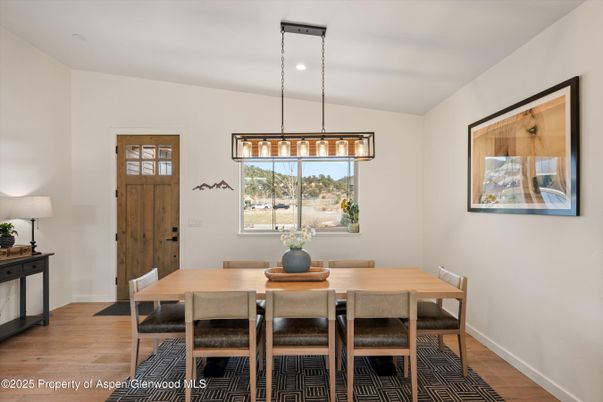 Dining room, Interior, Pendant Lights, Recessed Lighting, Wood Texture Flooring