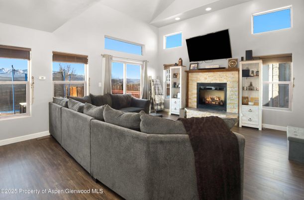 Fireplace, Interior, Living room, Recessed Lighting, Wood Texture Flooring