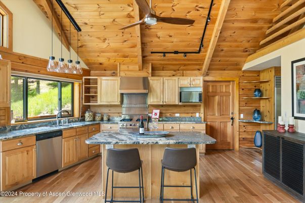 Interior, Kitchen, Pendant Lights, Stainless Steel Appliances, Wooden Beams, Wooden Ceilings, Wood Texture Flooring, Wooden Walls