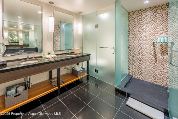 Bathroom, Dual Sink Vanities, Glass Shower, Interior, Pendant Lights, Recessed Lighting