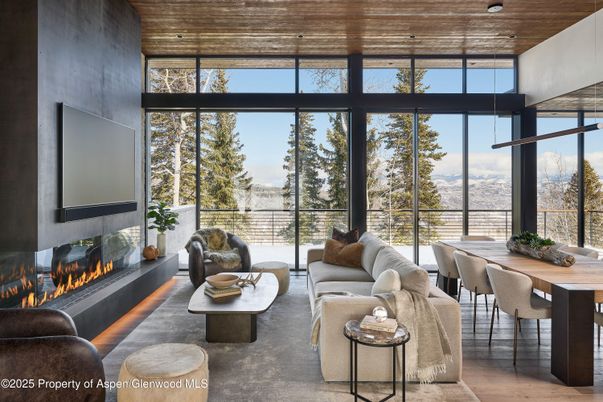 Dining room, Fireplace, Interior, Living room, Recessed Lighting, Wooden Ceilings, Wood Texture Flooring