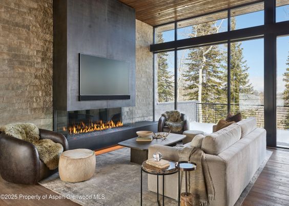 Fireplace, Interior, Living room, Stone Walls, Wooden Ceilings, Wood Texture Flooring