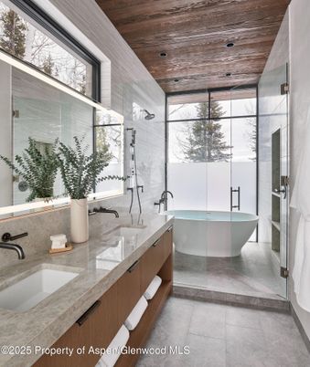 Bathroom, Dual Sink Vanities, Free Standing Baths, Glass Shower, Interior, Recessed Lighting, Wooden Ceilings