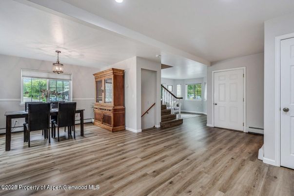 Dining room, Interior, Recessed Lighting, Wood Texture Flooring